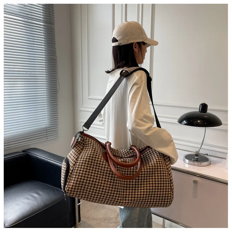 2025 retro travel handbag plaid pattern fitness yoga bag portable duffel bag storage large capacity multi-functional bag a001