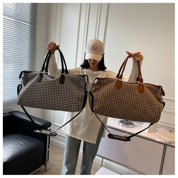 2025 retro travel handbag plaid pattern fitness yoga bag portable duffel bag storage large capacity multi-functional bag a001