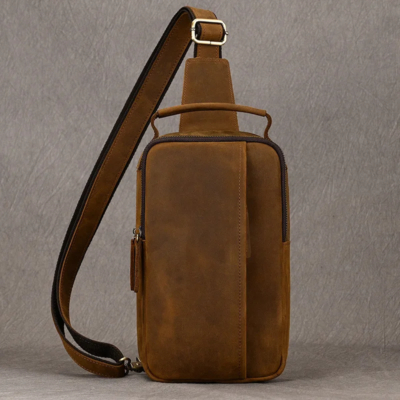 Newsbirds High Quality Big Chest Bag Real Cowhide Leather Chest Bags Crazy Horse Leather Men's Sling Bag Chest Pack For Man Male
