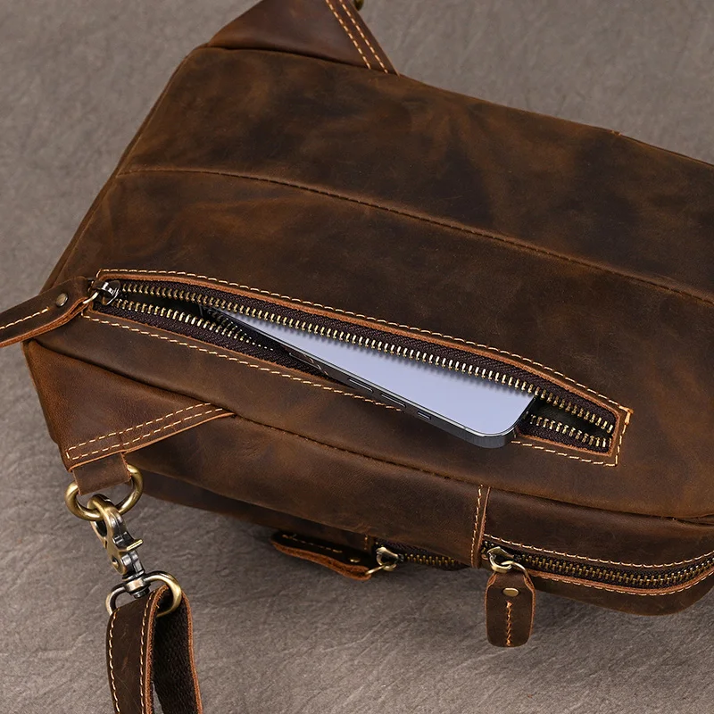 Newsbirds High Quality Big Chest Bag Real Cowhide Leather Chest Bags Crazy Horse Leather Men's Sling Bag Chest Pack For Man Male