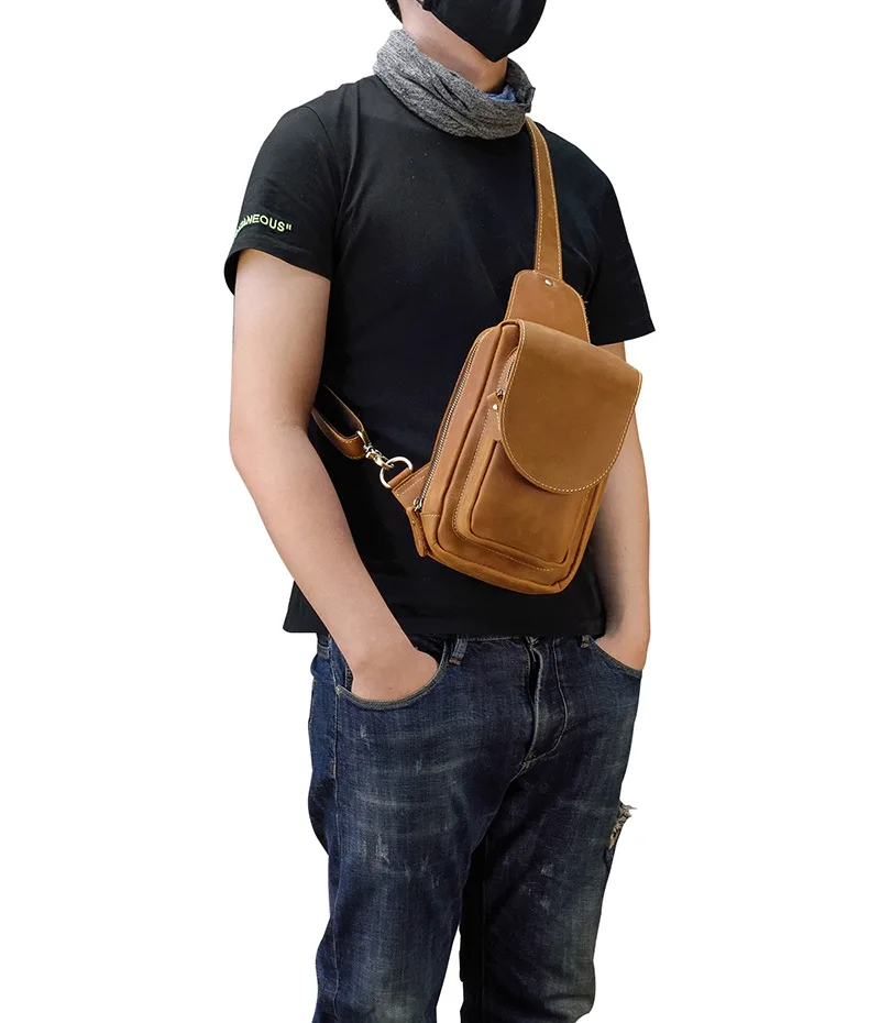 Newsbirds High Quality Big Chest Bag Real Cowhide Leather Chest Bags Crazy Horse Leather Men's Sling Bag Chest Pack For Man Male
