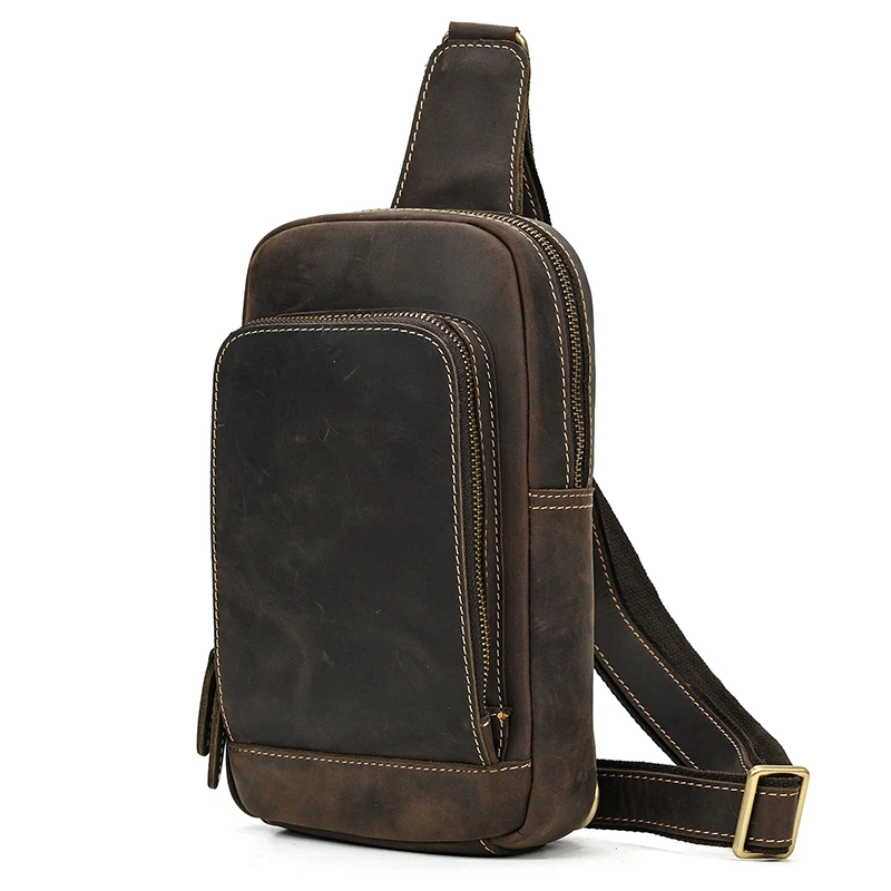 Newsbirds High Quality Big Chest Bag Real Cowhide Leather Chest Bags Crazy Horse Leather Men's Sling Bag Chest Pack For Man Male