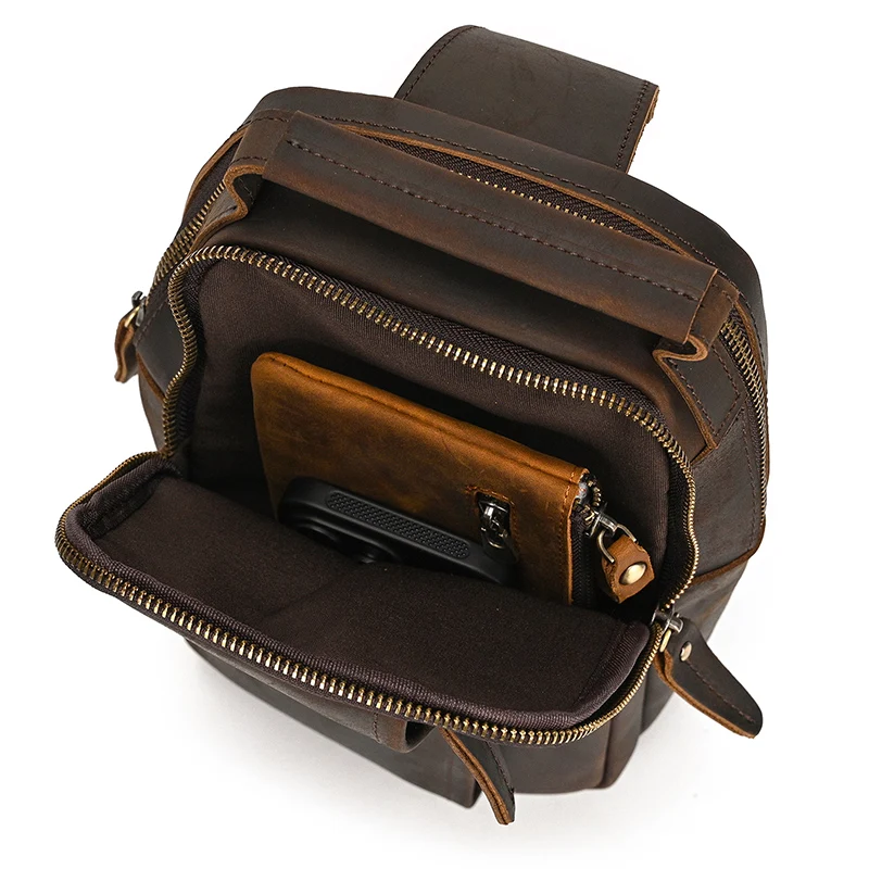 Newsbirds High Quality Big Chest Bag Real Cowhide Leather Chest Bags Crazy Horse Leather Men's Sling Bag Chest Pack For Man Male