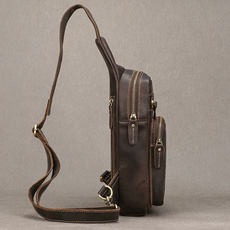 Newsbirds High Quality Big Chest Bag Real Cowhide Leather Chest Bags Crazy Horse Leather Men's Sling Bag Chest Pack For Man Male