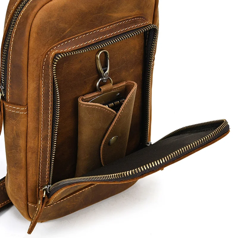 Newsbirds High Quality Big Chest Bag Real Cowhide Leather Chest Bags Crazy Horse Leather Men's Sling Bag Chest Pack For Man Male