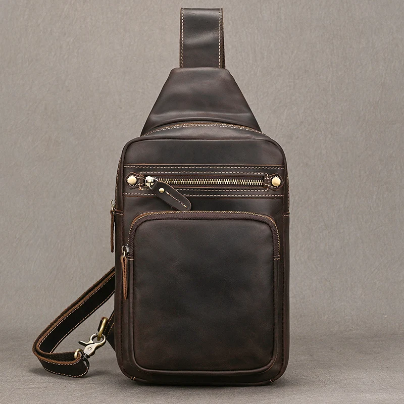 Newsbirds High Quality Big Chest Bag Real Cowhide Leather Chest Bags Crazy Horse Leather Men's Sling Bag Chest Pack For Man Male