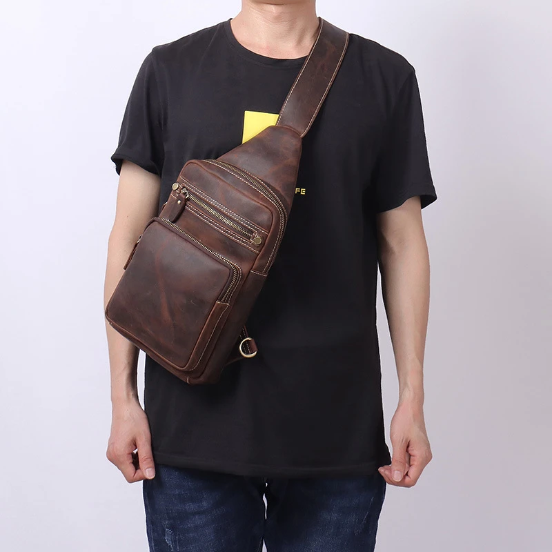 Newsbirds High Quality Big Chest Bag Real Cowhide Leather Chest Bags Crazy Horse Leather Men's Sling Bag Chest Pack For Man Male
