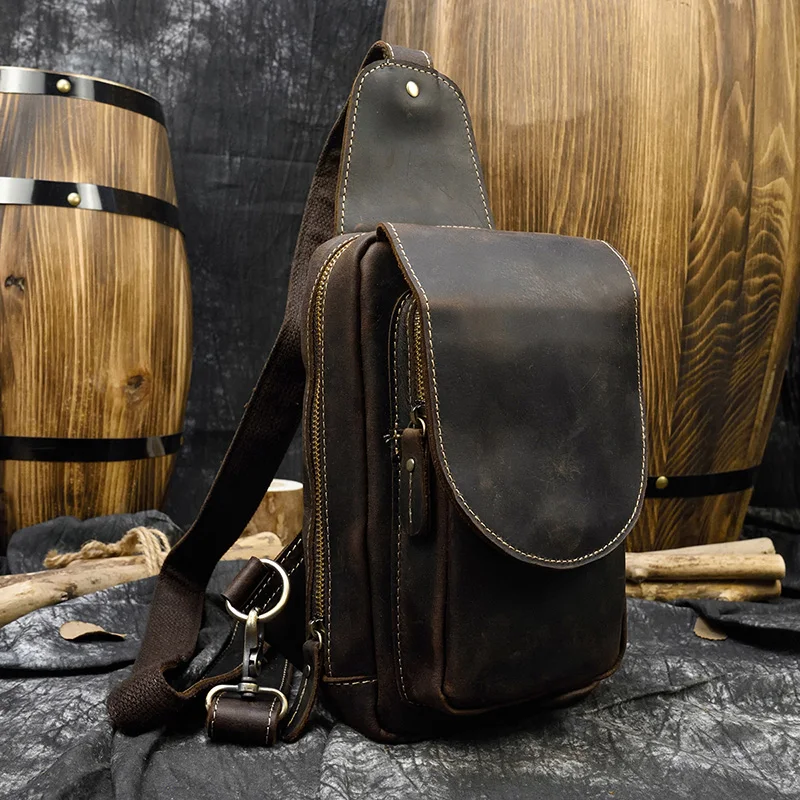 Newsbirds High Quality Big Chest Bag Real Cowhide Leather Chest Bags Crazy Horse Leather Men's Sling Bag Chest Pack For Man Male