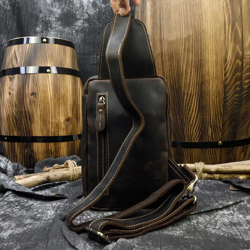 Newsbirds High Quality Big Chest Bag Real Cowhide Leather Chest Bags Crazy Horse Leather Men's Sling Bag Chest Pack For Man Male