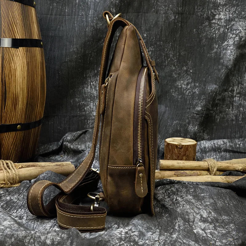 Newsbirds High Quality Big Chest Bag Real Cowhide Leather Chest Bags Crazy Horse Leather Men's Sling Bag Chest Pack For Man Male