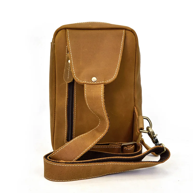 Newsbirds High Quality Big Chest Bag Real Cowhide Leather Chest Bags Crazy Horse Leather Men's Sling Bag Chest Pack For Man Male