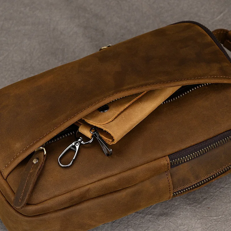 Newsbirds High Quality Big Chest Bag Real Cowhide Leather Chest Bags Crazy Horse Leather Men's Sling Bag Chest Pack For Man Male