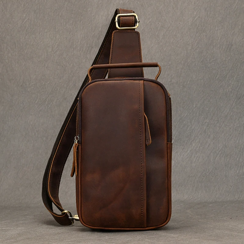 Newsbirds High Quality Big Chest Bag Real Cowhide Leather Chest Bags Crazy Horse Leather Men's Sling Bag Chest Pack For Man Male