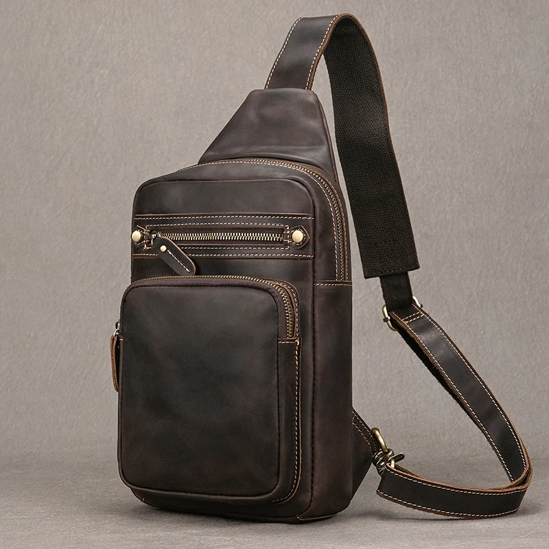 Newsbirds High Quality Big Chest Bag Real Cowhide Leather Chest Bags Crazy Horse Leather Men's Sling Bag Chest Pack For Man Male