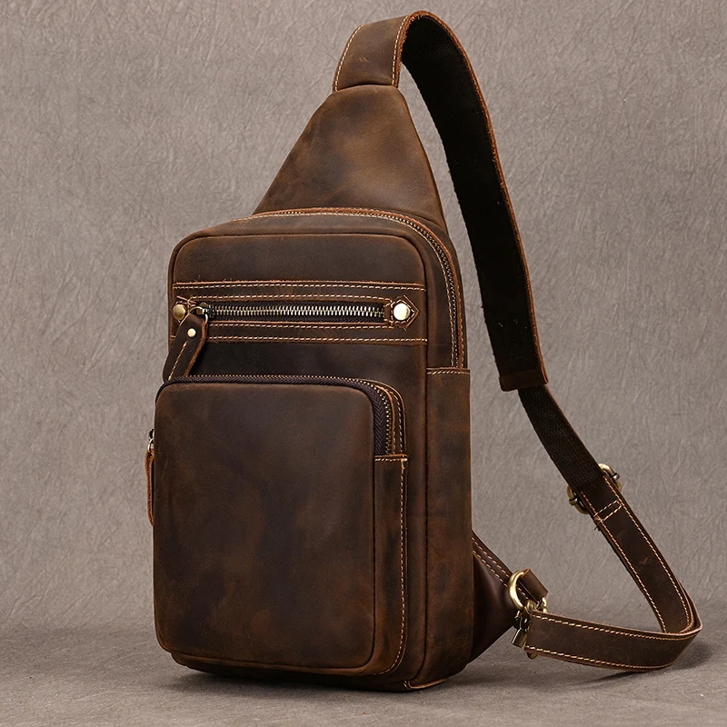 Newsbirds High Quality Big Chest Bag Real Cowhide Leather Chest Bags Crazy Horse Leather Men's Sling Bag Chest Pack For Man Male