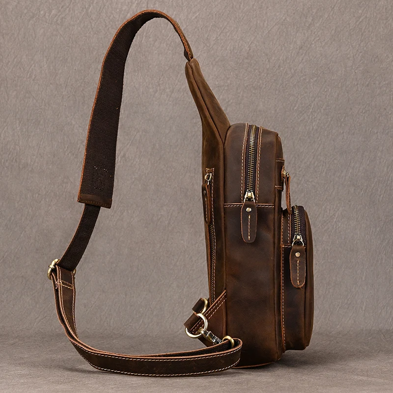 Newsbirds High Quality Big Chest Bag Real Cowhide Leather Chest Bags Crazy Horse Leather Men's Sling Bag Chest Pack For Man Male