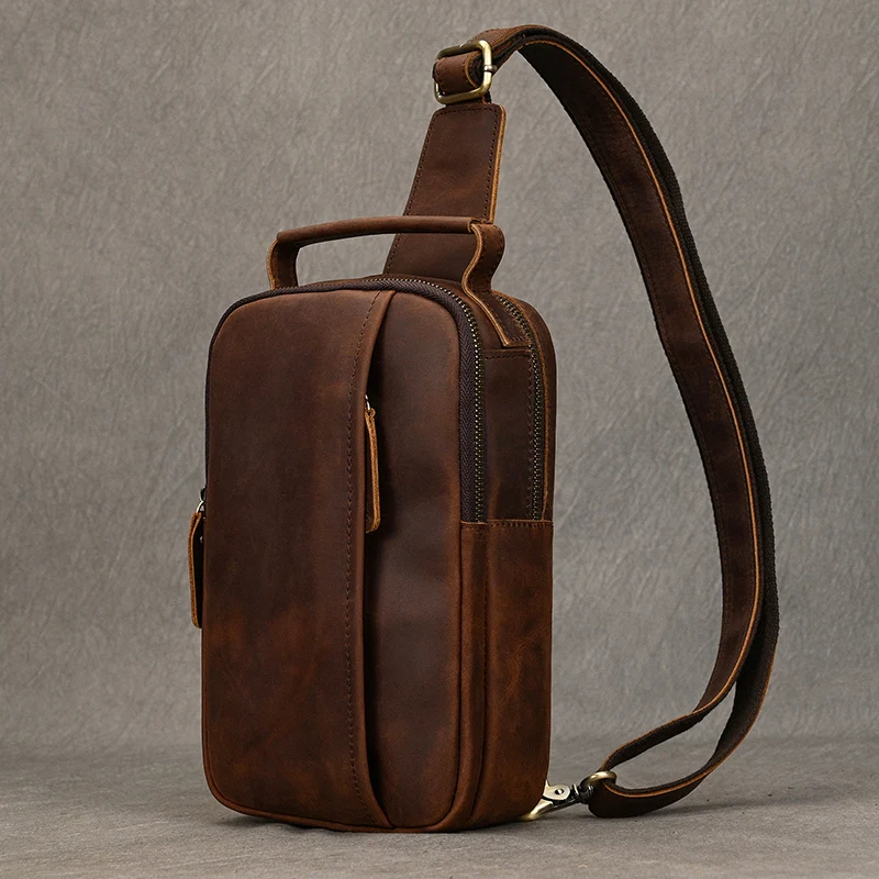 Newsbirds High Quality Big Chest Bag Real Cowhide Leather Chest Bags Crazy Horse Leather Men's Sling Bag Chest Pack For Man Male