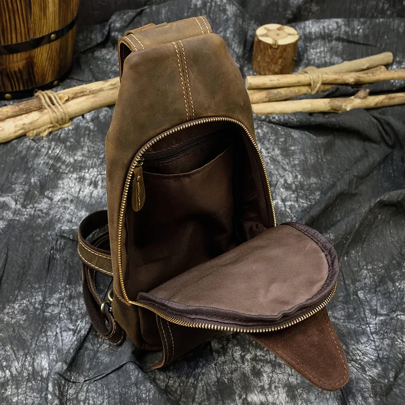 Newsbirds High Quality Big Chest Bag Real Cowhide Leather Chest Bags Crazy Horse Leather Men's Sling Bag Chest Pack For Man Male