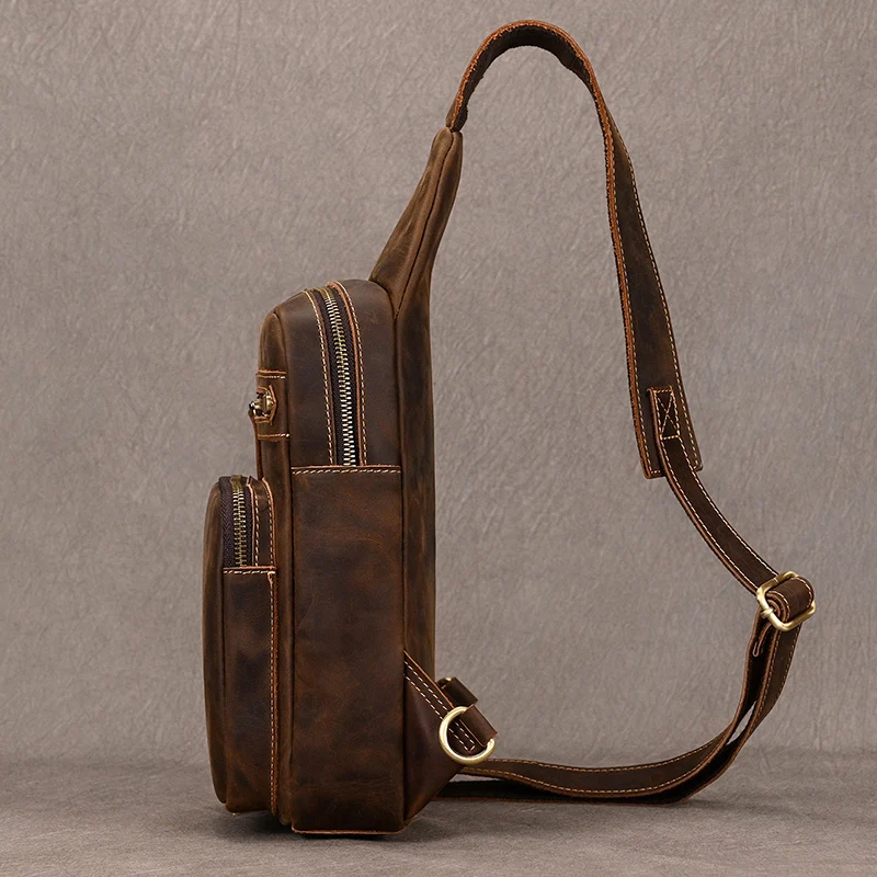 Newsbirds High Quality Big Chest Bag Real Cowhide Leather Chest Bags Crazy Horse Leather Men's Sling Bag Chest Pack For Man Male