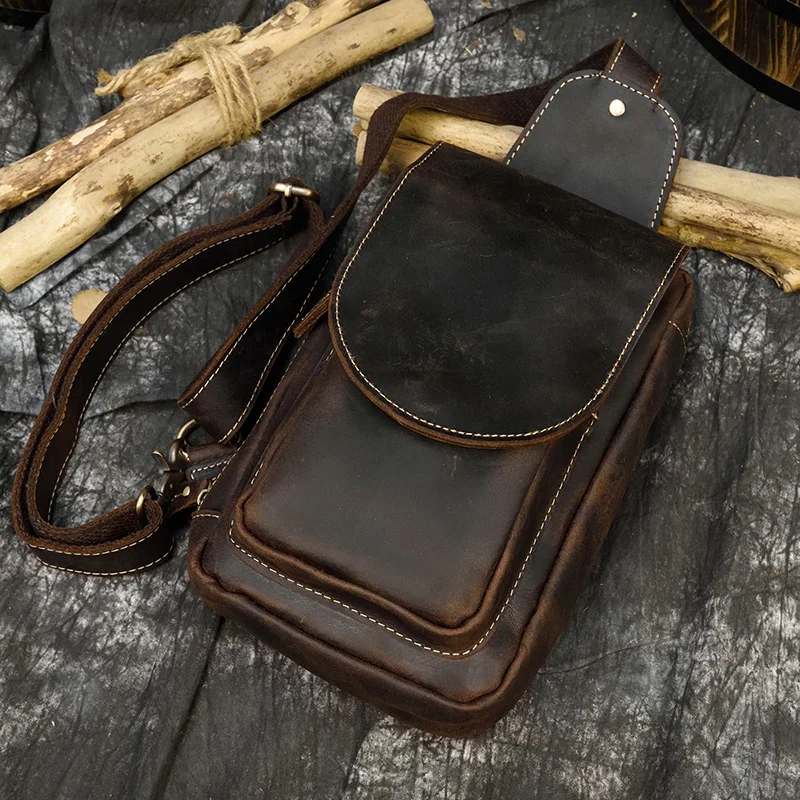Newsbirds High Quality Big Chest Bag Real Cowhide Leather Chest Bags Crazy Horse Leather Men's Sling Bag Chest Pack For Man Male