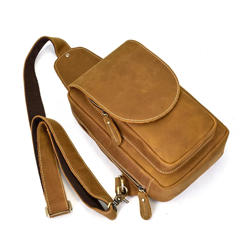 Newsbirds High Quality Big Chest Bag Real Cowhide Leather Chest Bags Crazy Horse Leather Men's Sling Bag Chest Pack For Man Male