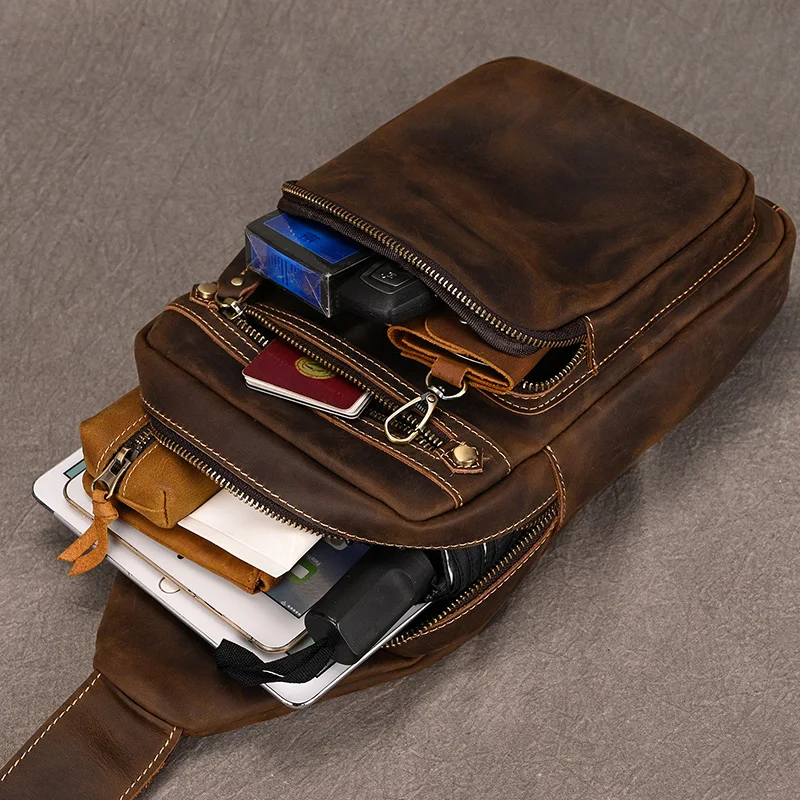 Newsbirds High Quality Big Chest Bag Real Cowhide Leather Chest Bags Crazy Horse Leather Men's Sling Bag Chest Pack For Man Male