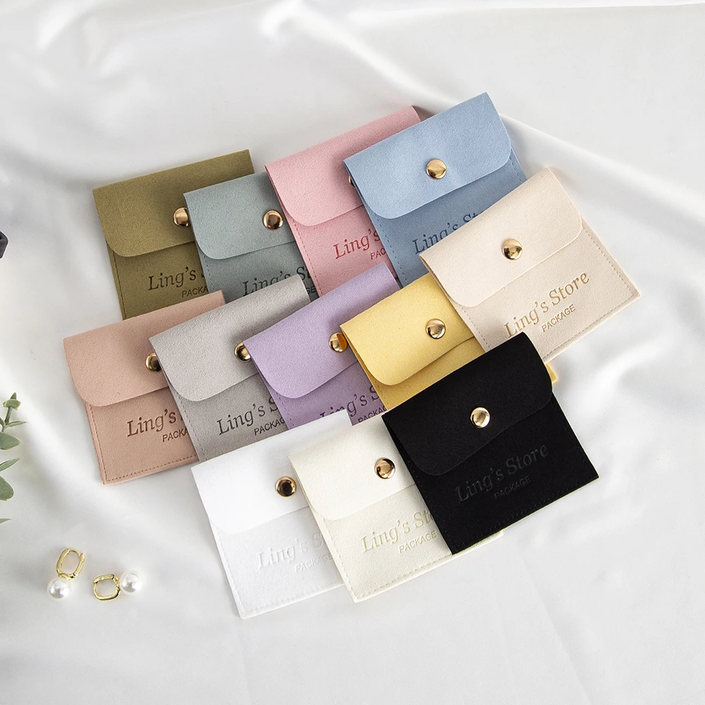 100Pcs Customized Logo 8x8cm Jewelry Microfiber Snap Bag Velvet Envelope Button Pouch Portable Travel Gift Organizer Ring Pocket