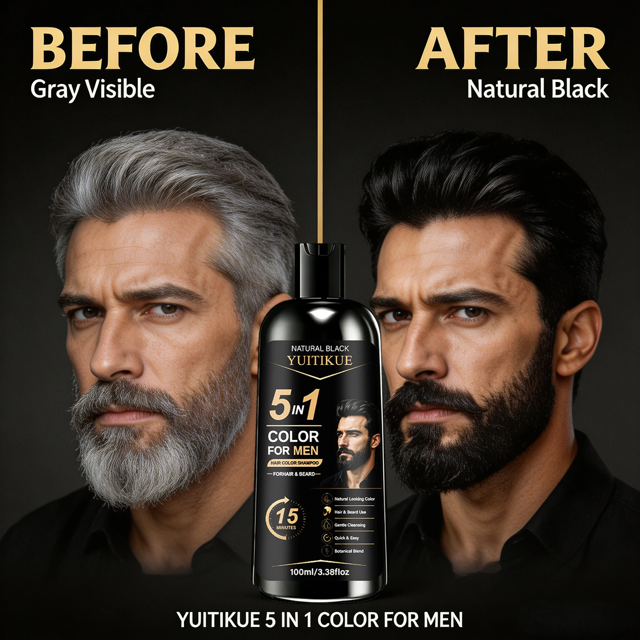 YUITIKUE 5 in 1 Mens Hair Color Shampoo Natural Black Ginseng Botanical Beard Gray Dye 100ml