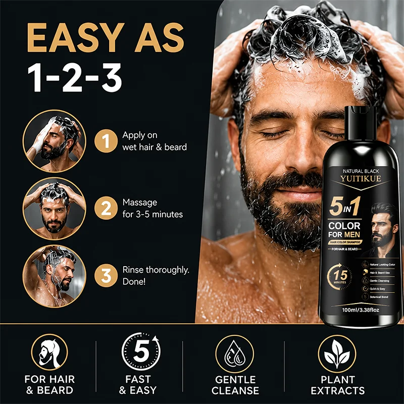 YUITIKUE 5 in 1 Mens Hair Color Shampoo Natural Black Ginseng Botanical Beard Gray Dye 100ml