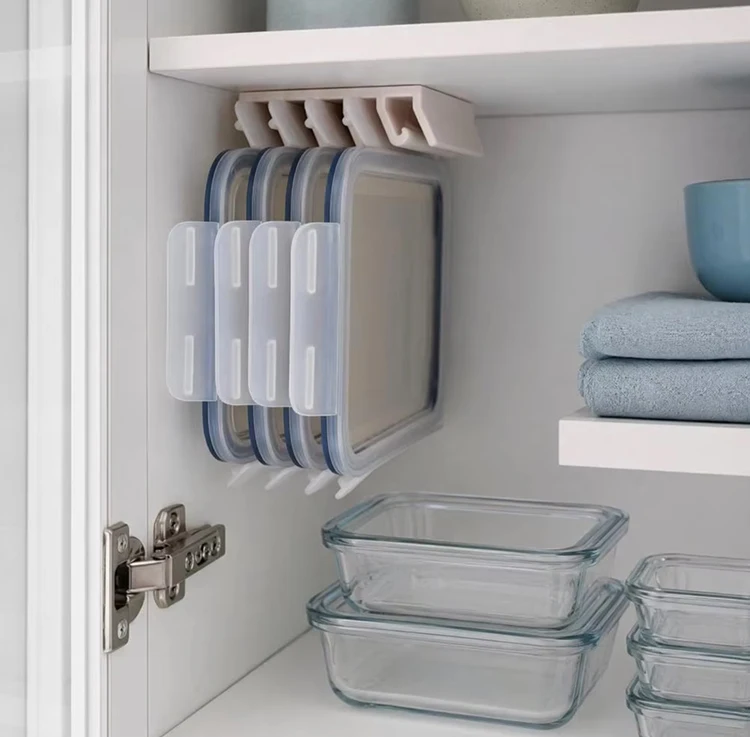 Kitchen Food Container Lid Holder Cabinet Space Saving Organizer Rack Plastic Shelf Hanger Bracket Wall Multi-Slot Sturdy Hook
