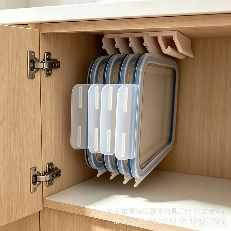 Kitchen Food Container Lid Holder Cabinet Space Saving Organizer Rack Plastic Shelf Hanger Bracket Wall Multi-Slot Sturdy Hook
