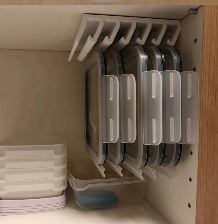 Kitchen Food Container Lid Holder Cabinet Space Saving Organizer Rack Plastic Shelf Hanger Bracket Wall Multi-Slot Sturdy Hook
