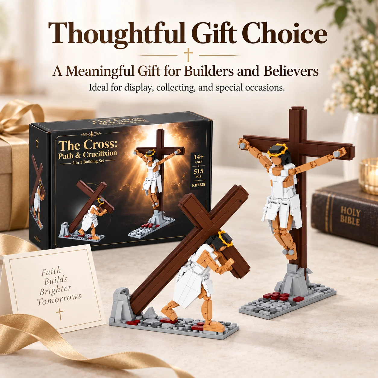 515PCS Jesus Cross Building Blocks 2 in 1 Crucifixion Path Model Bricks Religious Display Collectible Christian Gift Home Decor