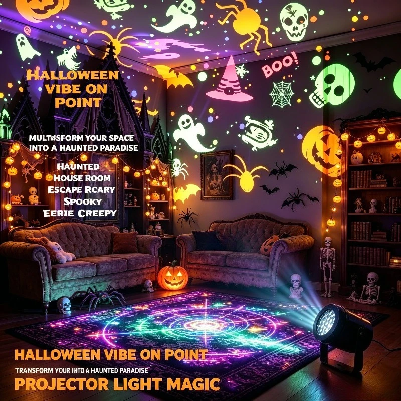 LED Projector Light Ghost Pumpkin Skull Skeleton Projection USB Powered Halloween Party Atmosphere Decor Light Ceiling Home Gift