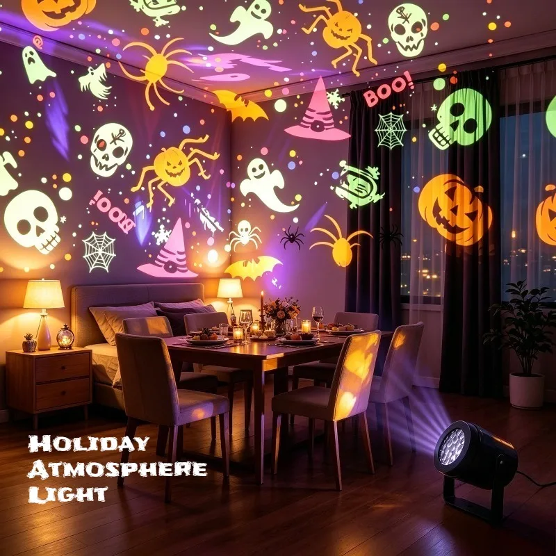 LED Projector Light Ghost Pumpkin Skull Skeleton Projection USB Powered Halloween Party Atmosphere Decor Light Ceiling Home Gift