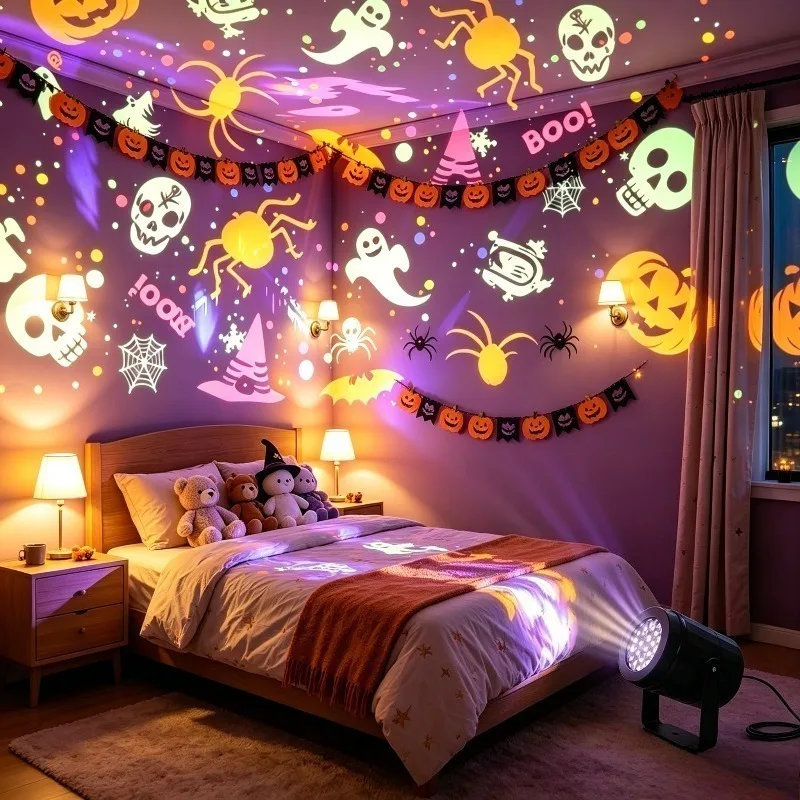 LED Projector Light Ghost Pumpkin Skull Skeleton Projection USB Powered Halloween Party Atmosphere Decor Light Ceiling Home Gift