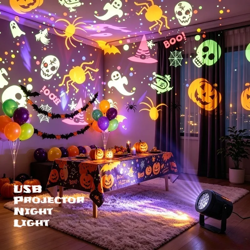 LED Projector Light Ghost Pumpkin Skull Skeleton Projection USB Powered Halloween Party Atmosphere Decor Light Ceiling Home Gift