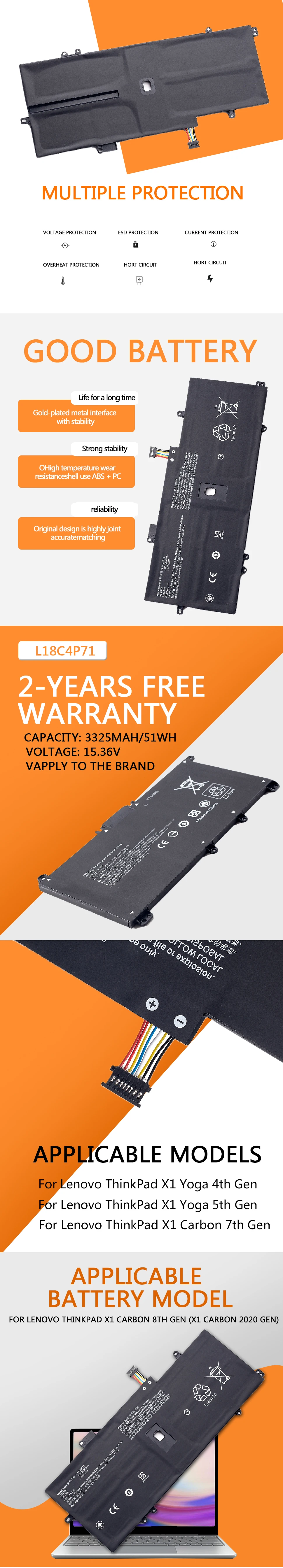 L18M4P72 L18C4P71 Battery For Lenovo Thinkpad X1 Carbon 7th 2019 2020 Series L18L4P71 SKB10K97642 02DL004 02DL005