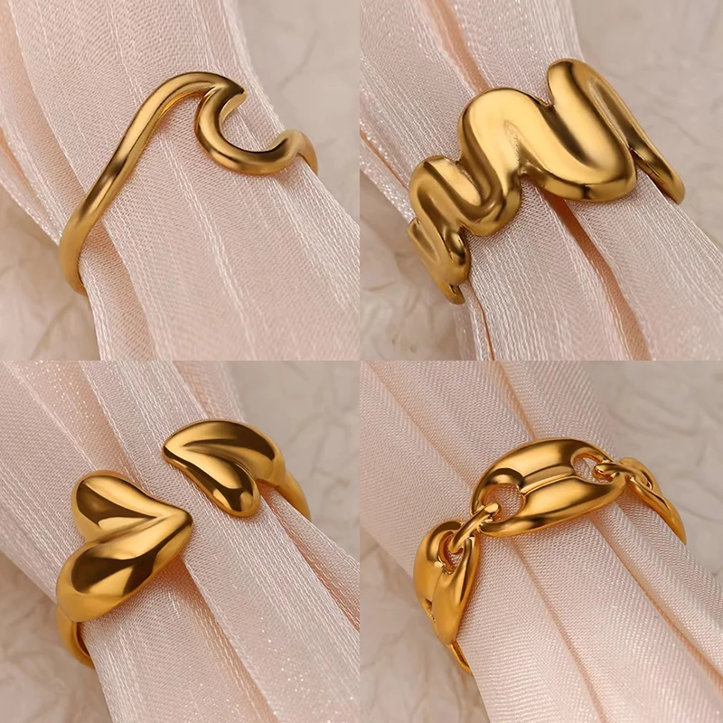 Stainless Steel Wave Rings for Women Gold Color Geometric Heart Rose Flower Wedding Ring Aesthetic Fashion Waterproof Jewelry