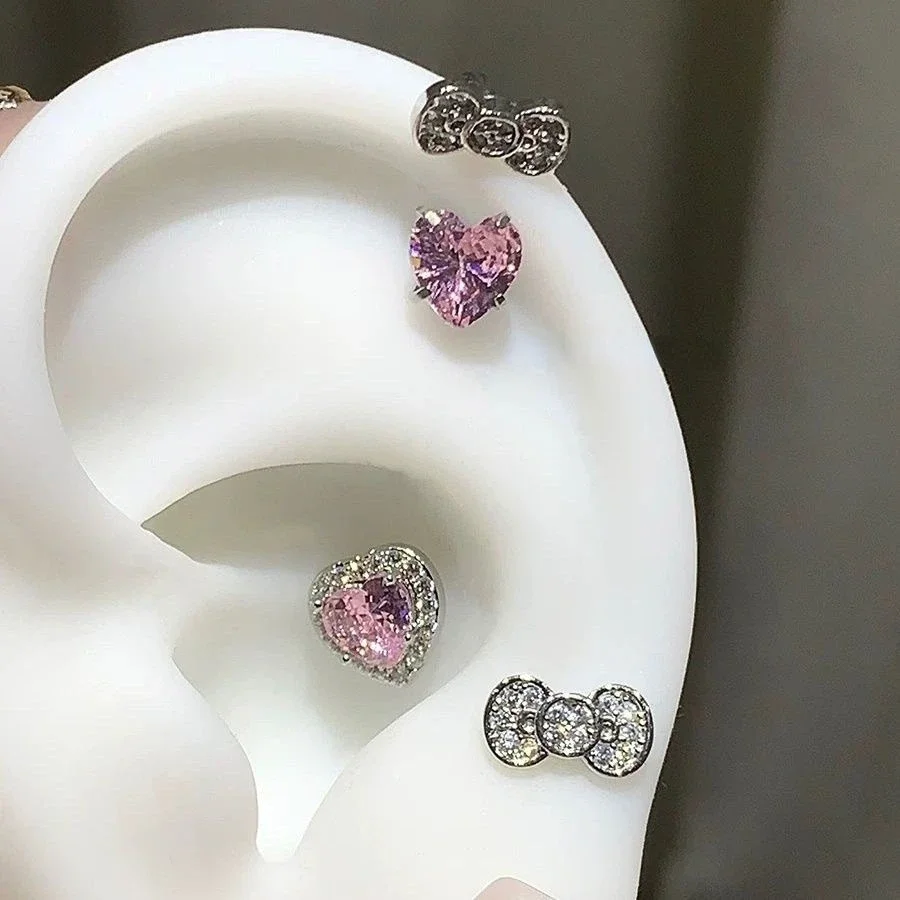 Cute Bowknot Love Heart 316L Titanium Steel Annular Ear Bone Nail Fashion Delicate Zircon Earring for Women Y2K Punk Jewelry