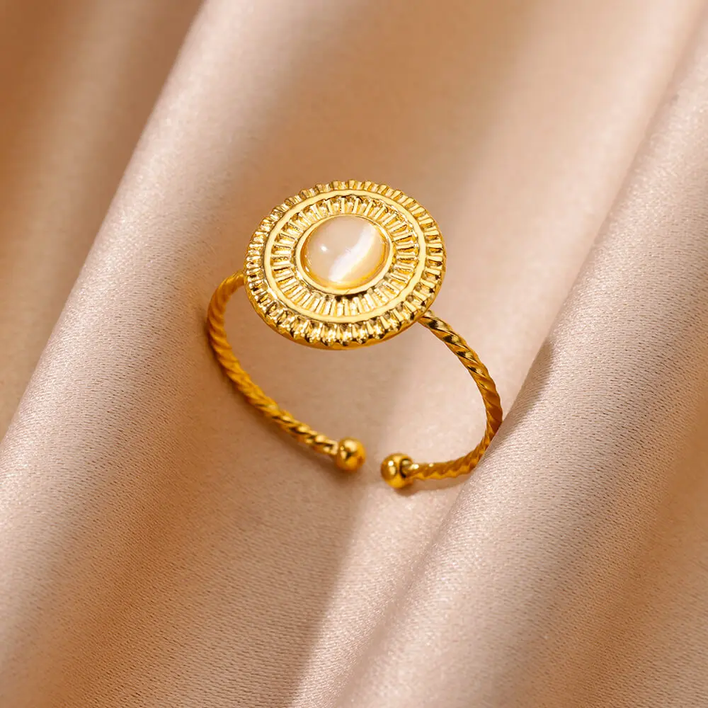 Gold Color Stainless Steel Shell Rings For Women Vintage Oval Blue Stone Adjustable Ring Fashion Party Jewelry Anniversary Gift