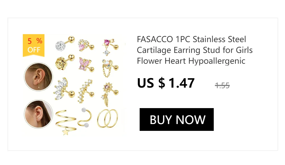 FASACCO 1PC Cartilage Earring Stud for Women Flower Heart Hypoallergenic Stainless Steel Screw Back CZ Earrings Piercing Jewelry