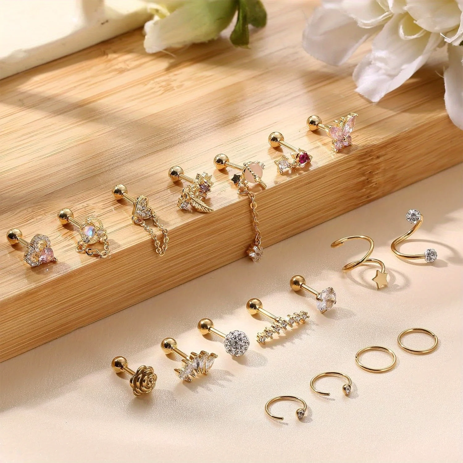 FASACCO 1PC Cartilage Earring Stud for Women Flower Heart Hypoallergenic Stainless Steel Screw Back CZ Earrings Piercing Jewelry