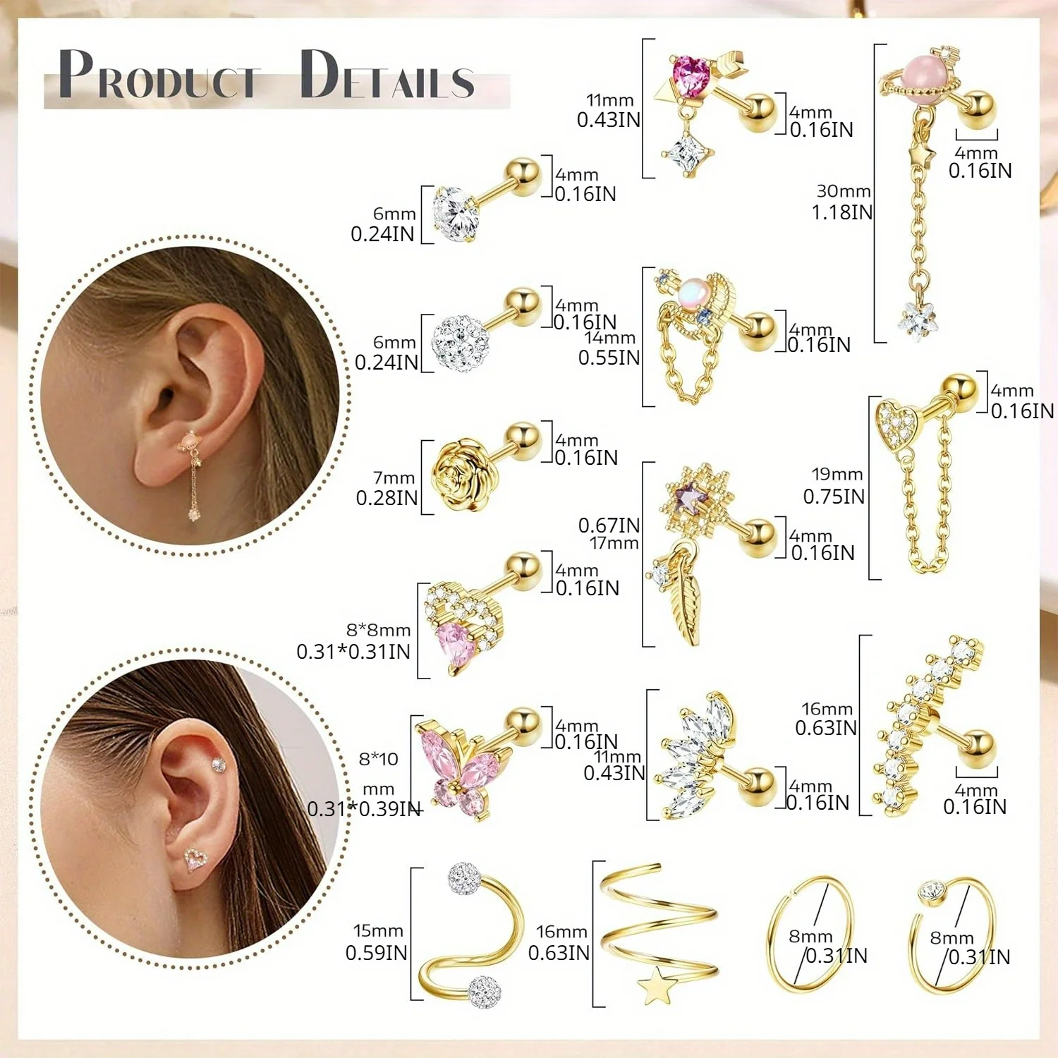 FASACCO 1PC Cartilage Earring Stud for Women Flower Heart Hypoallergenic Stainless Steel Screw Back CZ Earrings Piercing Jewelry