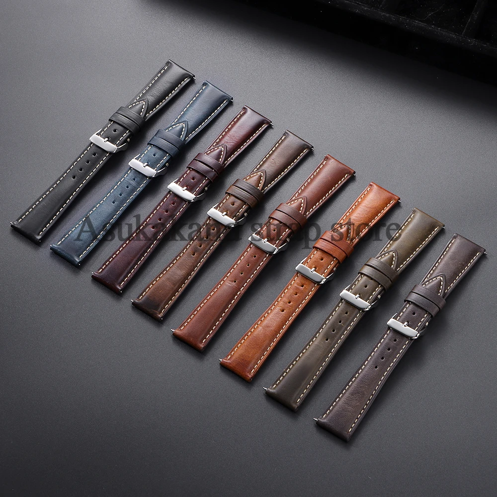 18mm 19mm 20mm 21mm 22mm Universal Vintage Oil Wax Leather Watch Straps Brown Head Layer Watch Band Men Accessories Pin Buckle