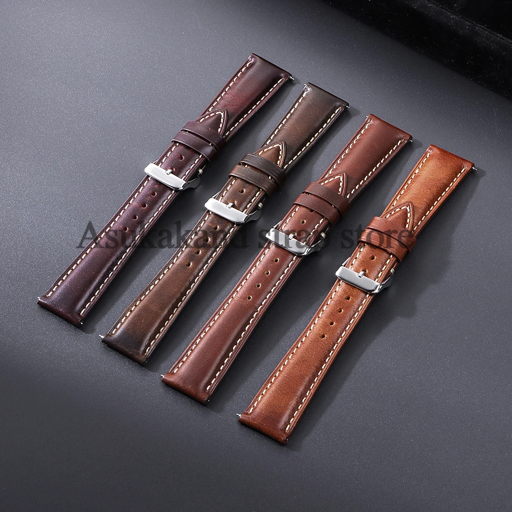 18mm 19mm 20mm 21mm 22mm Universal Vintage Oil Wax Leather Watch Straps Brown Head Layer Watch Band Men Accessories Pin Buckle