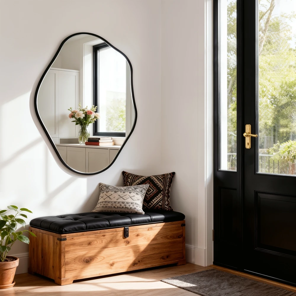 Asymmetrical Black Wall Mirror, Large Irregular Modern Wall Mounted Mirror with Aluminum Alloy Frame, Unique Freeform Decorative Art Mirror for Living Room, Bedroom, Entryway & Hallway