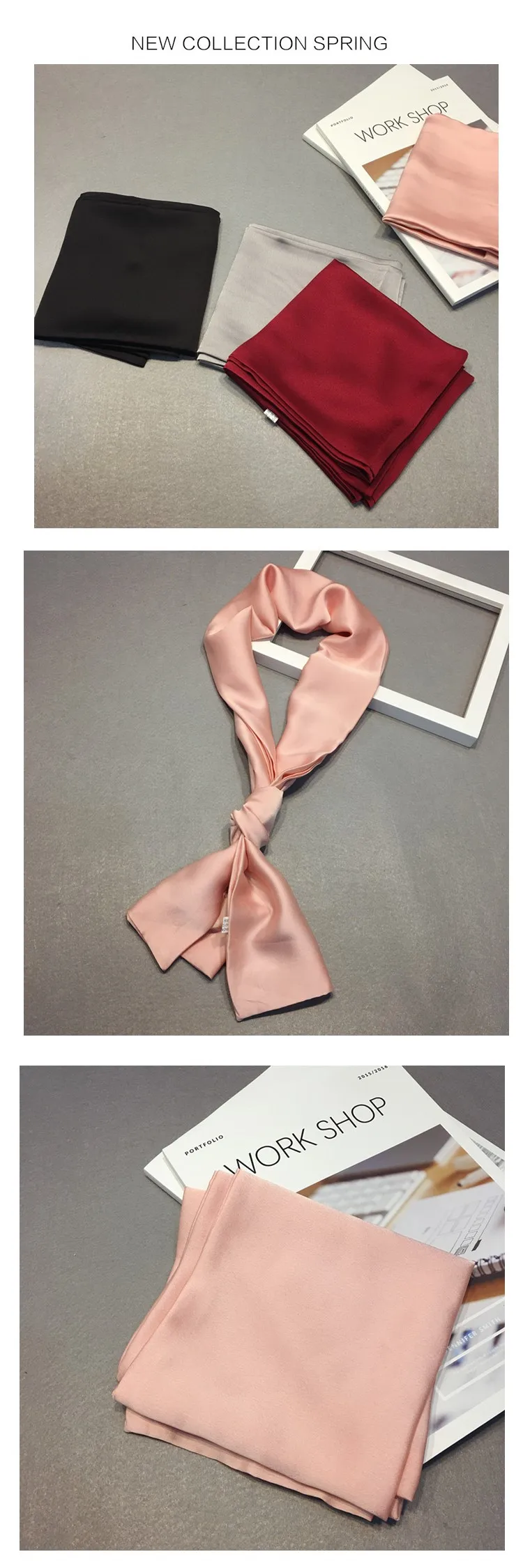 Fashion Neckerchief Women Headband Hair Scarf Silk Satin Bag Scarves Female 145*15cm Long Wraps Black Red Pink Scarfs For Ladies