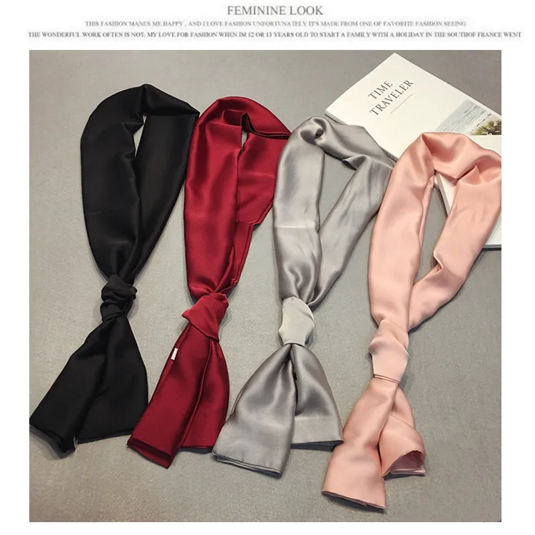 Fashion Neckerchief Women Headband Hair Scarf Silk Satin Bag Scarves Female 145*15cm Long Wraps Black Red Pink Scarfs For Ladies