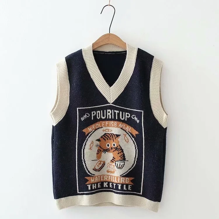 Korean Style Pink Peach Blossom Knitted Vest For Women Fashion Flower Embroidery Sweater Vest O Neck Pullover Knitwear